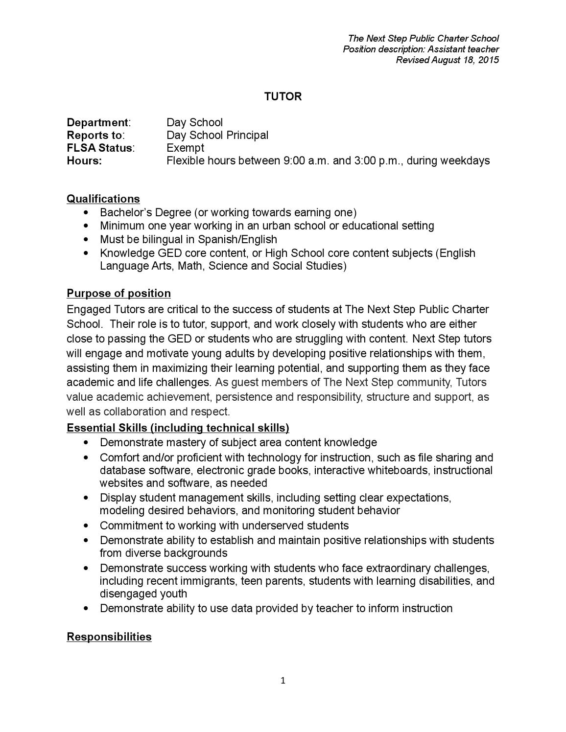 Tutor job descriptions elementary